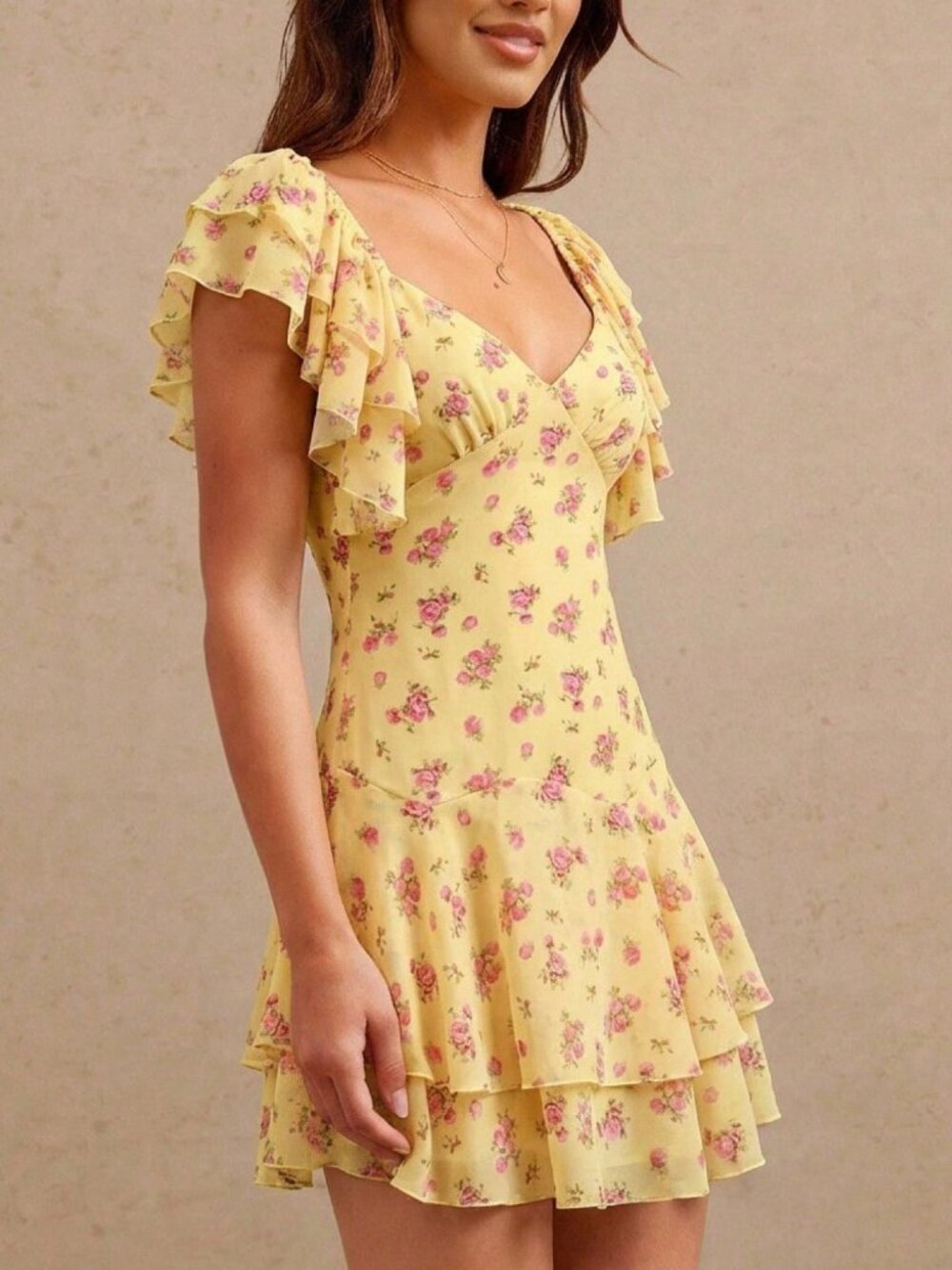 Yellow Boho Women's Floral Ruffle V Neck Mini Dress - Picture 5 of 5